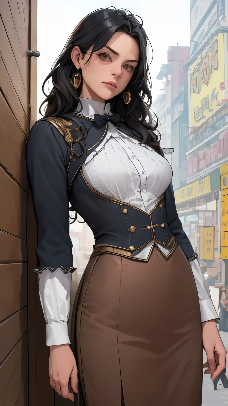 (masterpiece:1.3), (disorganized:1.3), (highest quality:1.3),(perfect anatomy:1.5),(detailed face), solo,1 middle age woman around 50 years old,(Steam Punk), (Victorian era),Hong kong,(Kowloon),horizontal angle,hands,((looking at viewer)), (Super detailed:1.3),(best shadow:0.7),saggy breast,(treated Black hair),curly hair,long hair,fine eyes, beautiful eyes, 1 mature woman, ((saggy small breast)),alone, standing, crystal earrings,closed_mouth, arm_behind_return,Gendarmerie nationale uniform,skirt,rest outdoors, intimidating pose,cowboy shot