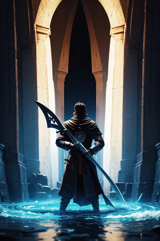 Guerreiro saindo de um portal magico, segurando uma espada e um escudo