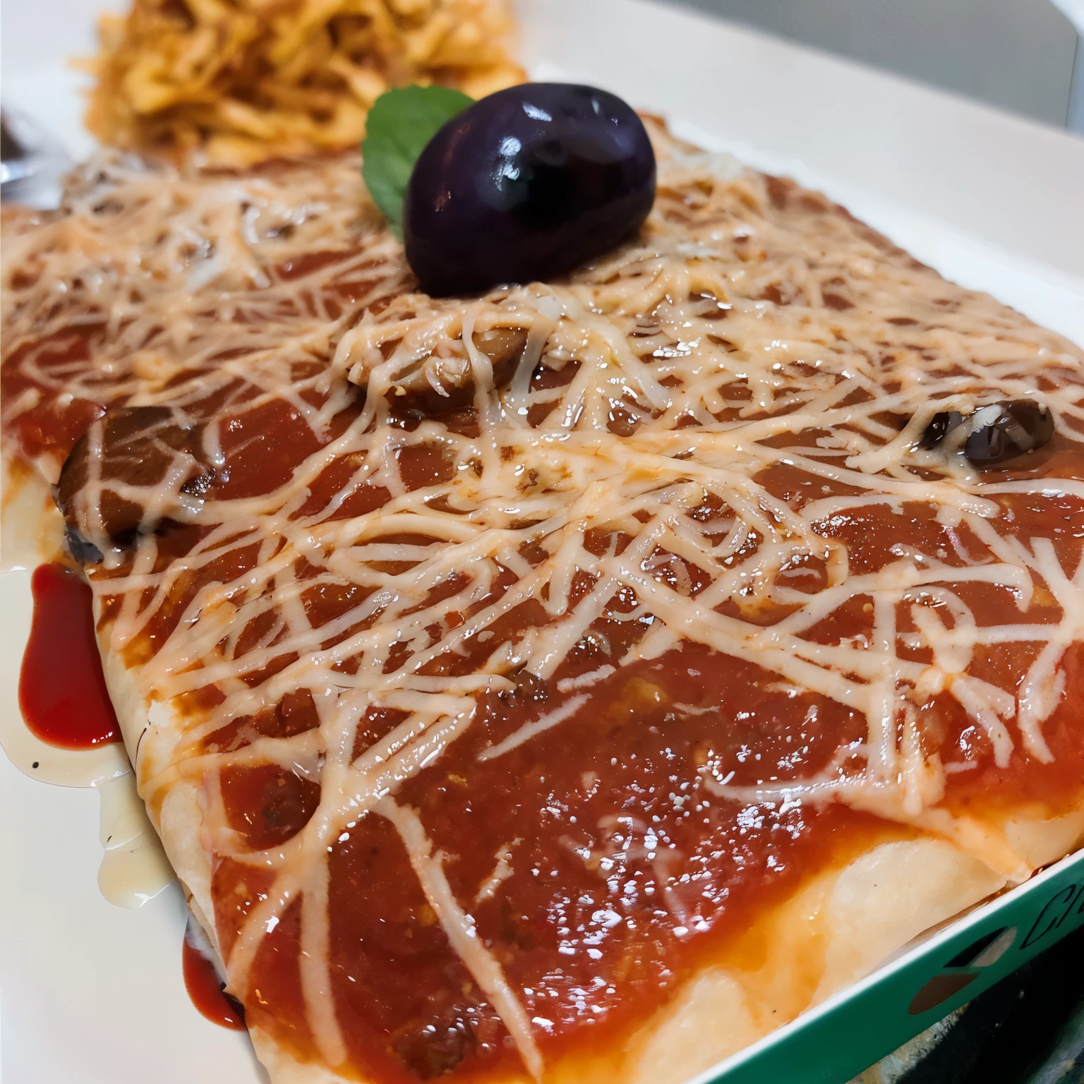there is a crepe closed and covered with red sauce, grated parmesan and an Azapa black olive
