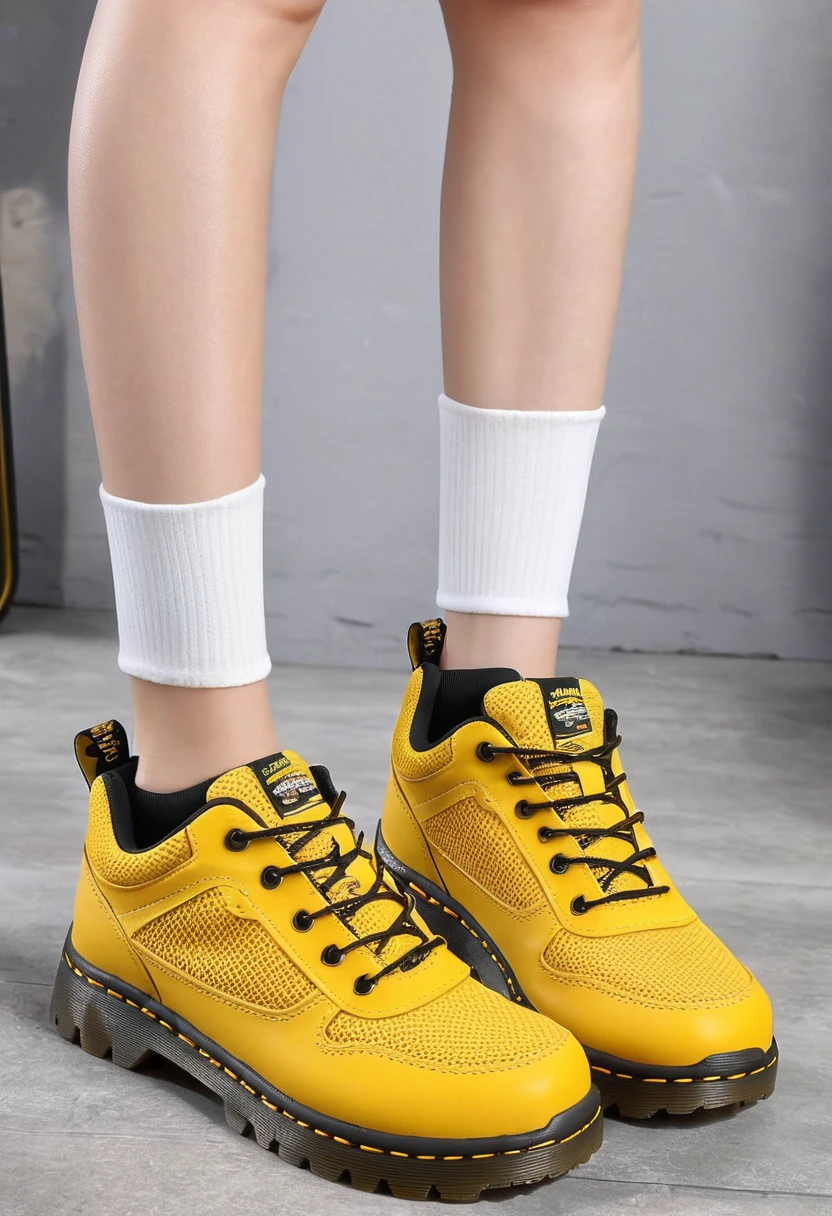 Paire de chaussures Dr Martens adaptés au running et a la course a pied, respirante et confortable, chaussure de sport, dark yellow.the sole must be thin and not have a heel. L'image doit être réaliste et doit pouvoir être utilisée comme campagne de publicité 