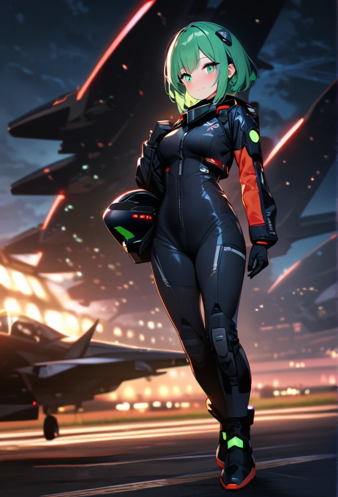 High quality, high definition images, full HD、8k.1 girl 、white short hair,Futuristic fighter pilot,black and green hair pilot suit,Hold your helmet under your arm, Futuristic fighter plane, night airfield,full body,in the background、x2fighter jet