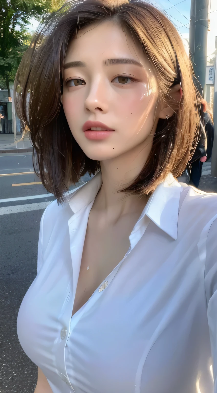 ((best quality, 8K, masterpiece: 1.3)), sharp: 1.2, perfect body beautiful: 1.4, slim abs: 1.2, ((layered hairstyle, big breasts: 1.2)), (wet White Button Long Shirt: 1.1), (rain, street: 1.2), wet: 1.5, Highly detailed facial and skin textures, delicate eyes, double eyelids, Looking at the camera sideways