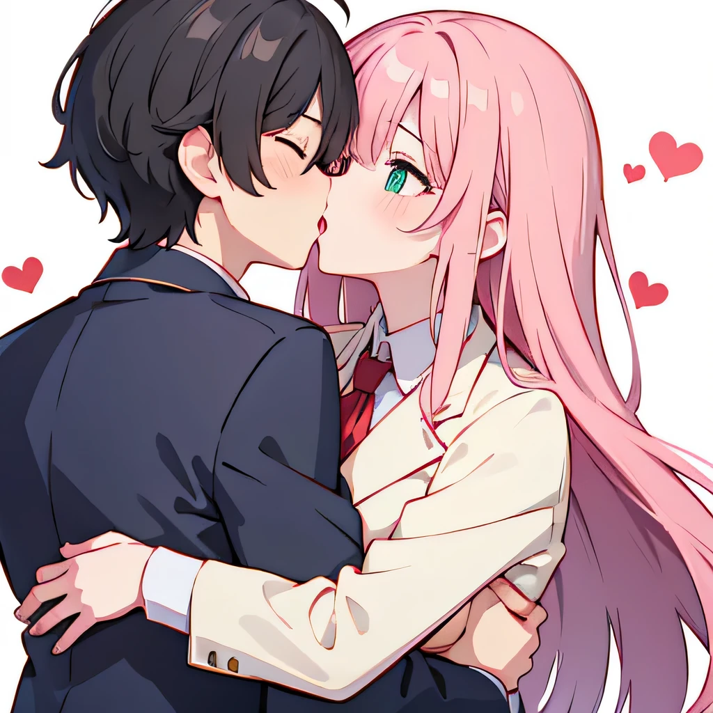 masterpiece (((1 man))) 1 girl (((men and women))) Pink hair Long hair Green eyes Huge breasts (big nipples) NSFW  (orgasm) (heart eyes) uniform blazer ((hug)) ((deep kiss))