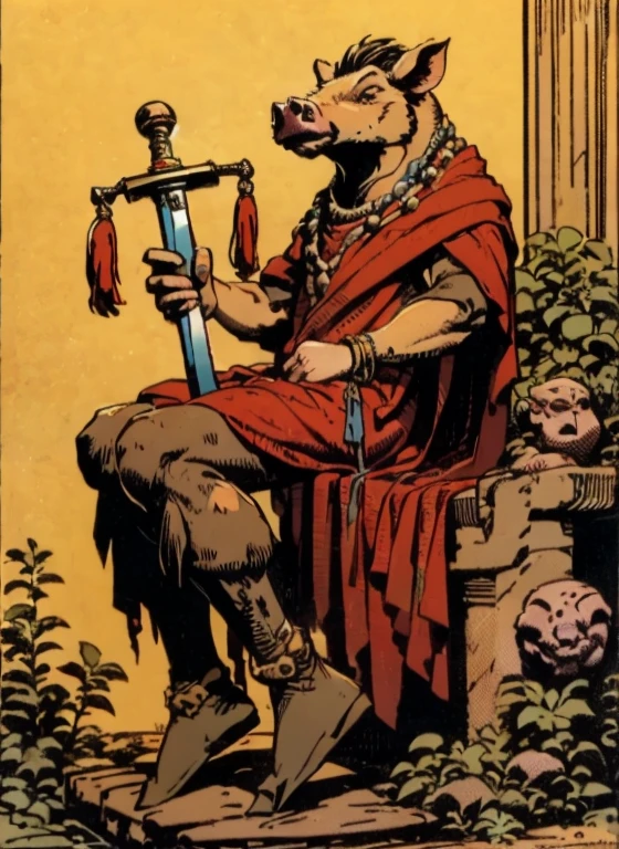 (head to toe: 2.0), (full body image: 2.0), solo, anthropomorphic boar, head of a boar, large, muscular, sitting on a throne, regal clothing, sword and cepter, facial piercings, , extremely stylized, deviant art, masterpiece, highly detailed, detailed eyes, expressive detailed eyes, detailed pupils, crown, boots, entire body image, full body shot, nvinkpunk, professional photograph of alexander_skarsgard, tassles, large beads, large tassels, 