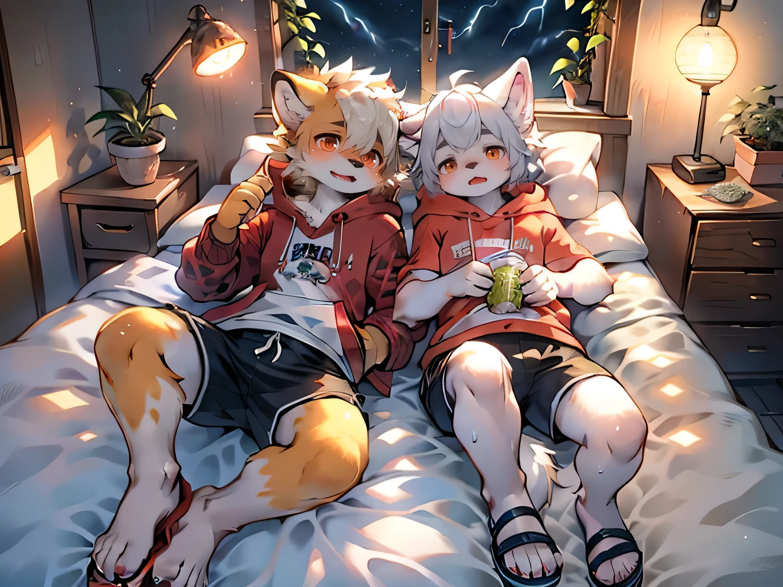 Two white wolf young men,boy and girl,companion,Contour,White hair,Orange pupils,hoodie,White Arm,Red watch,Open white vest,Black shorts,White paws,Sweat a lot,dirty,Tired,bedroom,sandals,Drink water,Yellow green bed,Pillow,Quilt,eat snack,Warmth,Green flowers and plants at the bedside,Two white wolves side by side, boy and girl,thunder and lightning,desk lamp,night,sleep,Thunderstorm,watercolor style,Bright colors