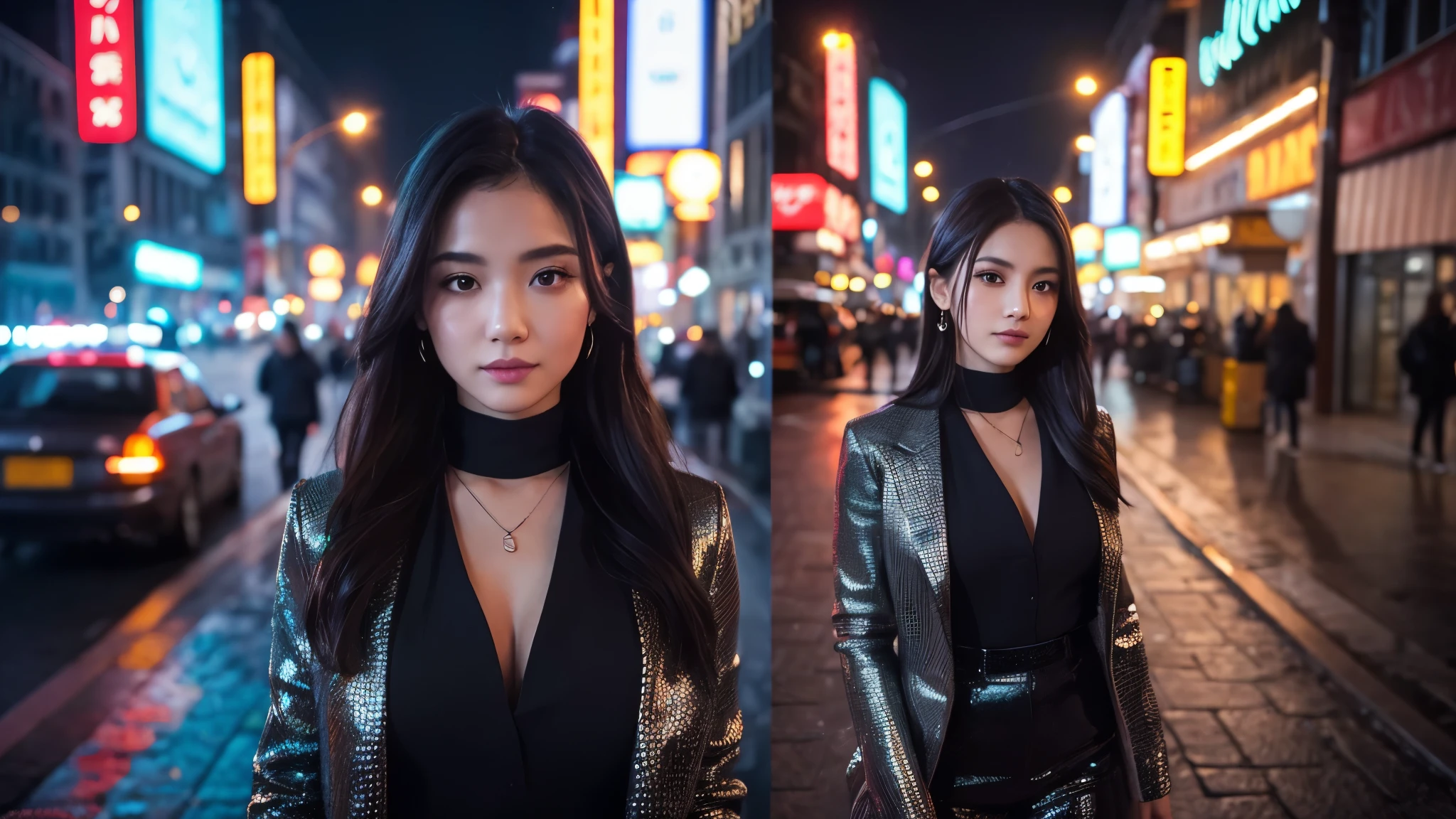 A professional photographer is capturing a stunning woman for an Instagram post. The scene is set in a vibrant city at dusk, with the glow of neon lights reflecting off the sleek, wet streets. The air carries a misty fog, adding a mysterious allure to the environment. The woman, standing confidently, is dressed in chic, dark attire that contrasts beautifully with the colorful city backdrop. She gazes directly into the camera, her expression captivating and full of depth. The photo is a close-up portrait, focusing on her natural beauty and the intricate details of her outfit.