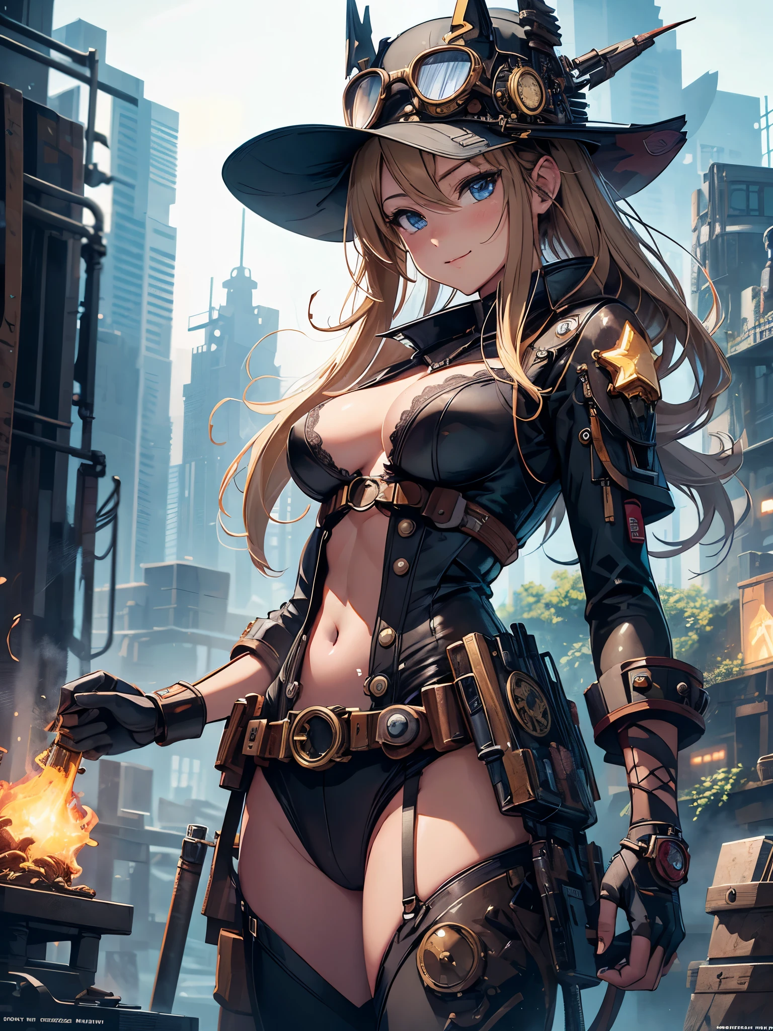 (comic book style),(line drawing_anime),(cowboy shot,Low - Angle, highest quality, ),(Laura Budd Photos:1.2),(Laura Add Details:1.0),8K, flat color:0.8,1 girl,smile,(Highly decorative and complex mechanical steampunk fashion, lace flare dolphin hat、goggles 1.5、machinery background、Gear background、Intricately mechanized steampunk cityscape 1.5),