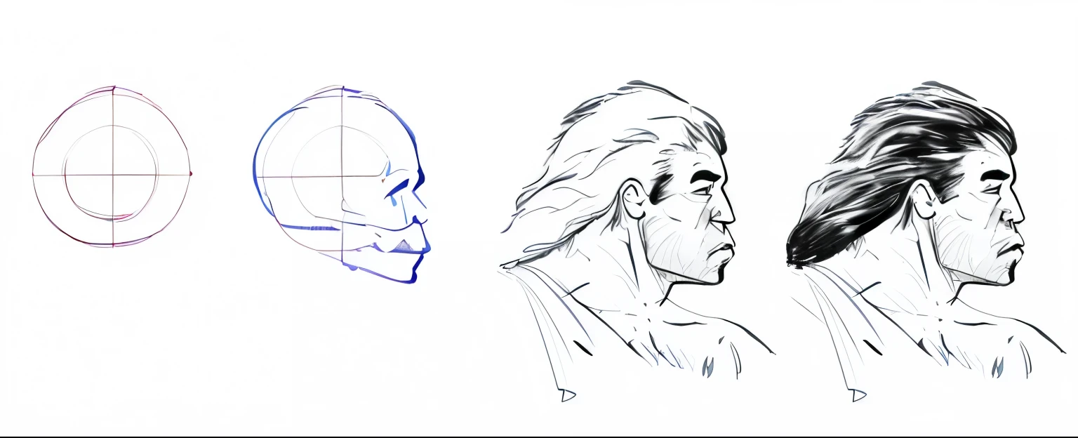 un dibujo de tres personas con diferentes expresiones faciales, jaw slightly tilted back, lado de la cabeza, Detalles faciales proporcionados, Anatomy portrait, cabeza de proporciones realistas, inspirado en andrew loomis, hombros y cabeza, animation portrait concept art, rostro masculino y busto, ilustraciones de perfil lateral, solo cabeza y torso, retrato de cabeza y parte superior del cuerpo, Realistic face and anatomy
