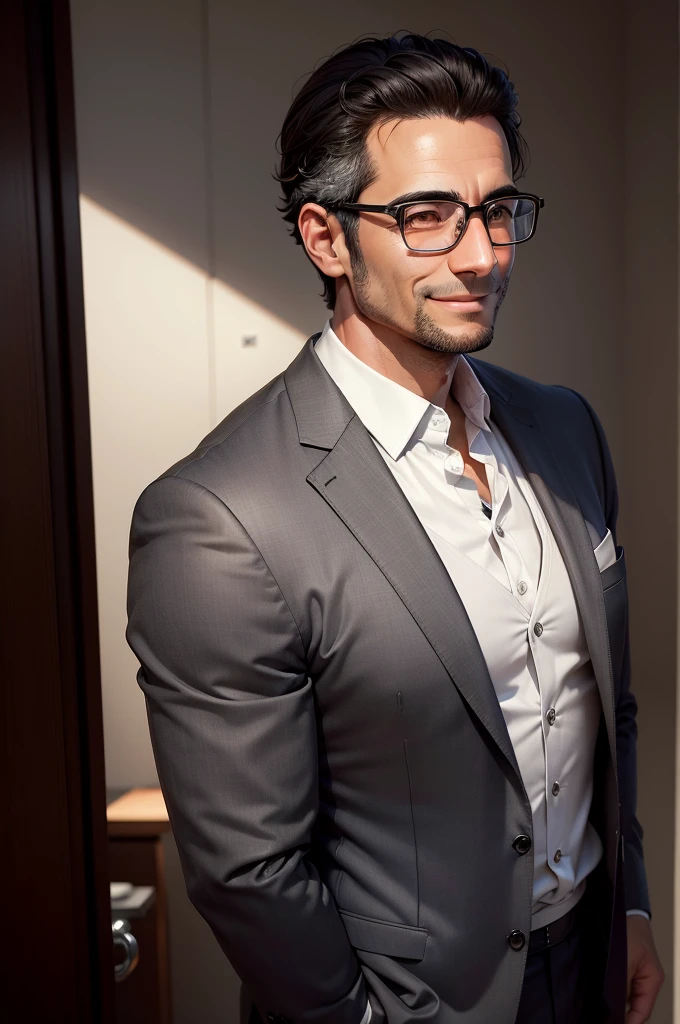 adult male, 35 years old, dark brown eyes, with glasses, thin, no muscles,White shirt, Charcoal gray suit,profile、 smile、Massiroi realistic photo