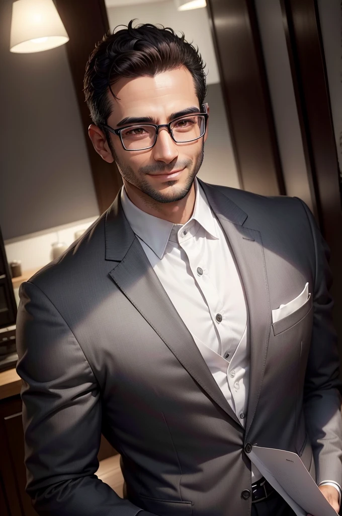 adult male, 35 years old, dark brown eyes, with glasses, thin, no muscles,White shirt, Charcoal gray suit,profile、 smile、Massiroi realistic photo
