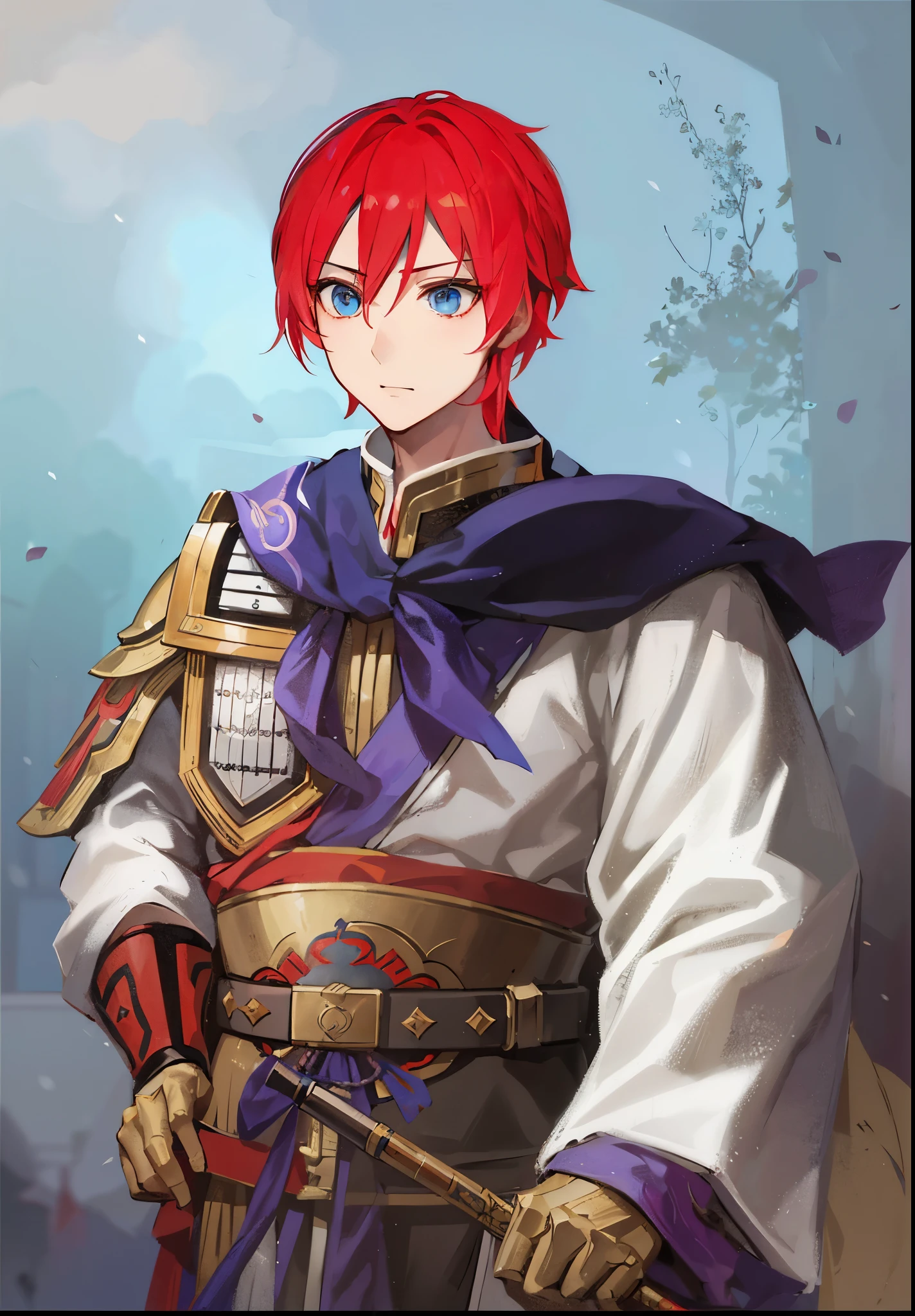 Anime character with red hair and blue eyes holding a flute, Nobutaka Ike, beautiful androgynous prince, 《Genshin》Keqing, Inspired by Taketoshi Matsumura, Inspired by Bian Shoumin, 《Genshin》Zhongli in, Exquisite androgynous prince, Produced by Anime Painter Studio, Fantasy style anime, ，confident expression，Mikuni志风格，Mikuni无双风格，Soma Yukihira，Zhao Yun，Ma Chao，Zhou Yu，Jiang Wei，Chinese style martial general，Mikuni，young general，Leadership Chinese style armor，Mikuni盔甲