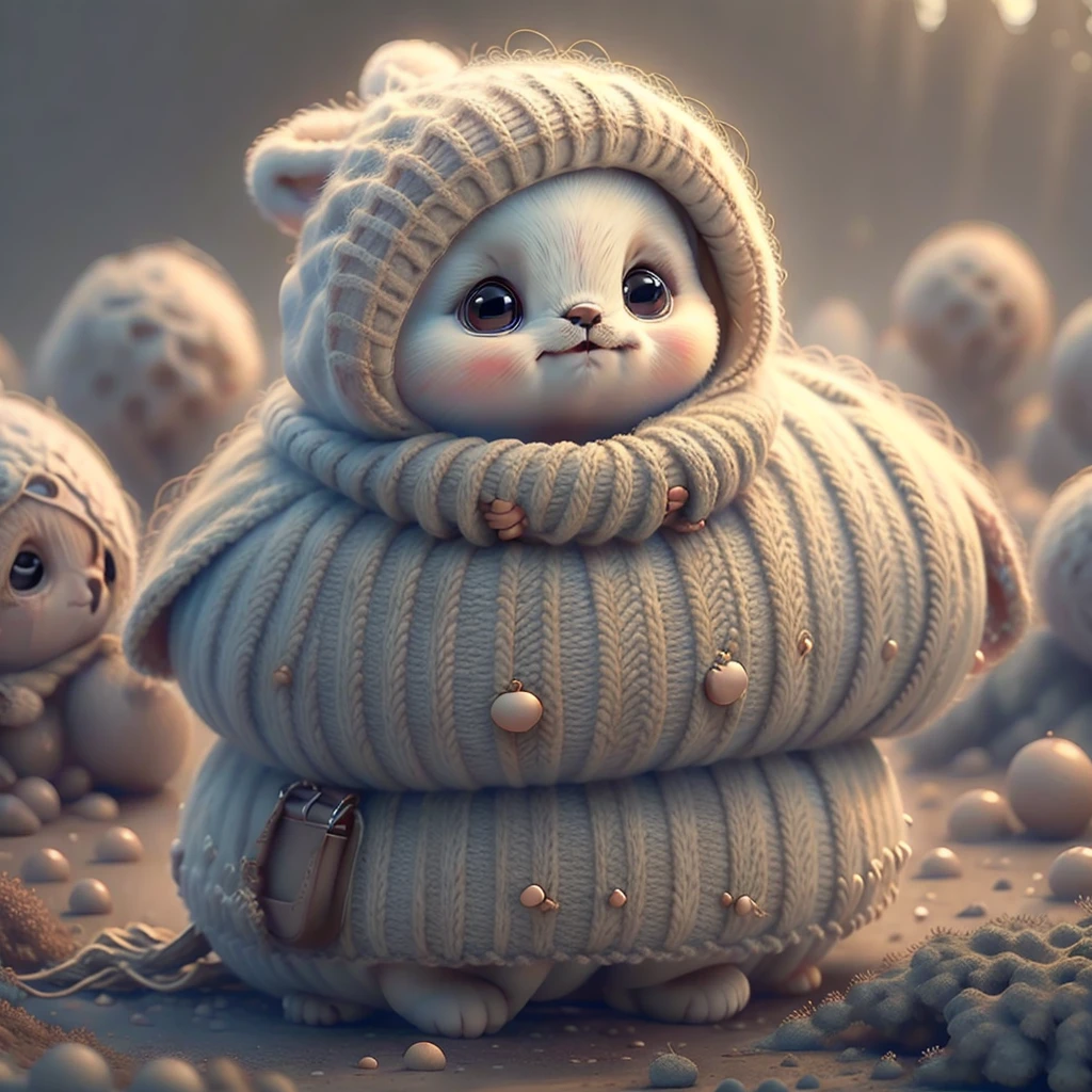 (((highest quality,masterpiece))),Super cute dog:Fluffy hair,Adorable round eyes,Punipuni paw,wearing a sweater,Sitting near the base of a tree、