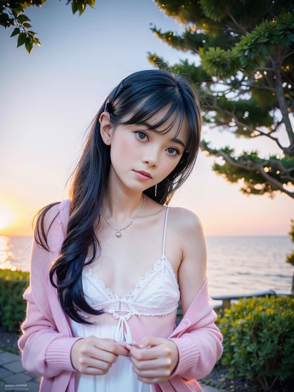 extremely delicate and beautiful girls, the beautiful and delicate girl, extremely beautiful detailed anime face and eyes, animated, Beautiful detailed girl, dutch angle, head tilt, extremely detailed body, ,20 years old, very long hair, wavy hair, wept bangs, folded ponytail, purple hair, long hair flowing with the wind, small ahoge, delicate beautiful inverted triangle face, seductive smile, beautiful and delicate eyes, (small breasten eyes, white skin, blue_bow, necklace, sunrise, bed, Early in the morning, sleep, absurdres, extremely detailed 8K wallpaper, ultra detailed, nice hands, perfect hands, (white Negligee), (pink cardigan), (White Garter Belt), lying, nsfw,