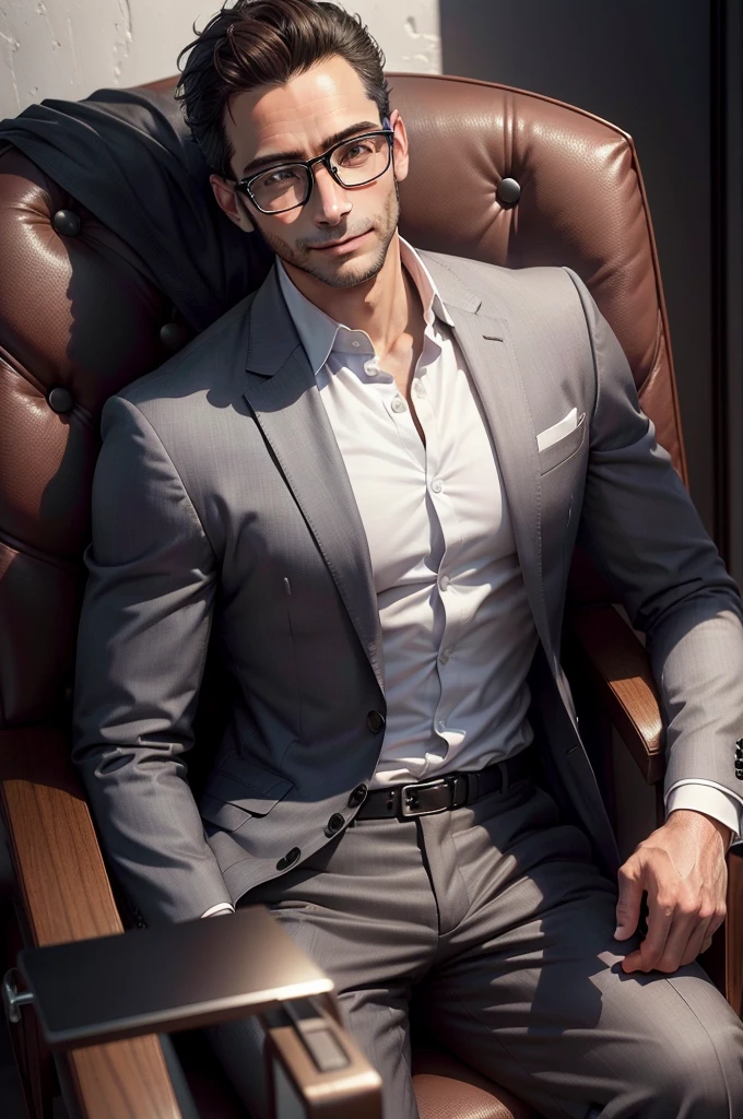 adult male, 35 years old, dark brown eyes, with glasses, thin, no muscles,White shirt, Charcoal gray suit,profile、 smile、Massiroi realistic photo、sitting in a chair
