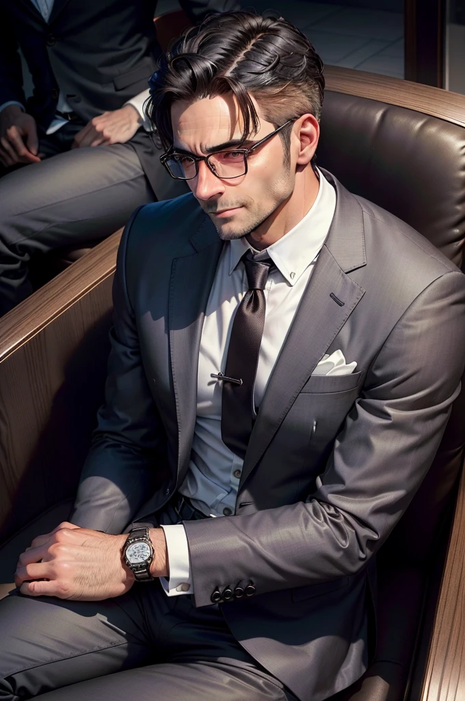 adult male, 35 years old, dark brown eyes, with glasses, thin, no muscles,White shirt, Charcoal gray suit,profile、 smile、Massiroi realistic photo、sitting in a chair
