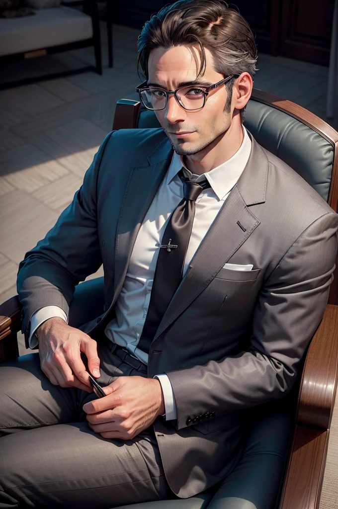 adult male, 35 years old, dark brown eyes, with glasses, thin, no muscles,White shirt, Charcoal gray suit,profile、 smile、Massiroi realistic photo、sitting in a chair