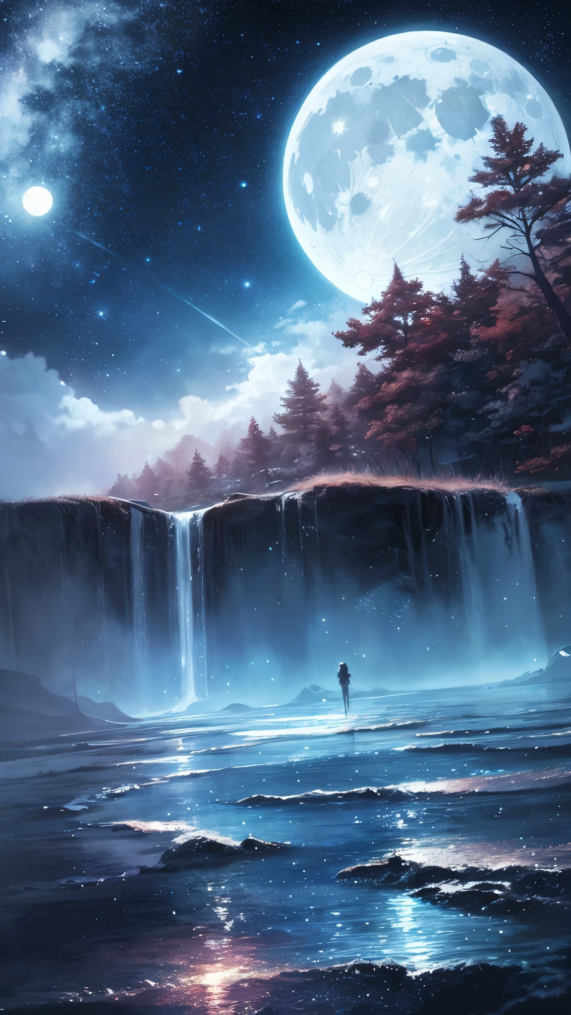 Wear a river picture, stars in the sky, and the moon、Condensed beauty, Concept art inspired by Mitsuoki Tosa, Pixiv contest winners, highest quality, fantasy art, beautiful anime scene, Bright round moon, starry sky environment in the moonlight, Dream Painting, anime background art, dream scenery art, wonderful night, anime background, Background artwork, great art, Atmospheric anime, starry sky, Enhanced details.