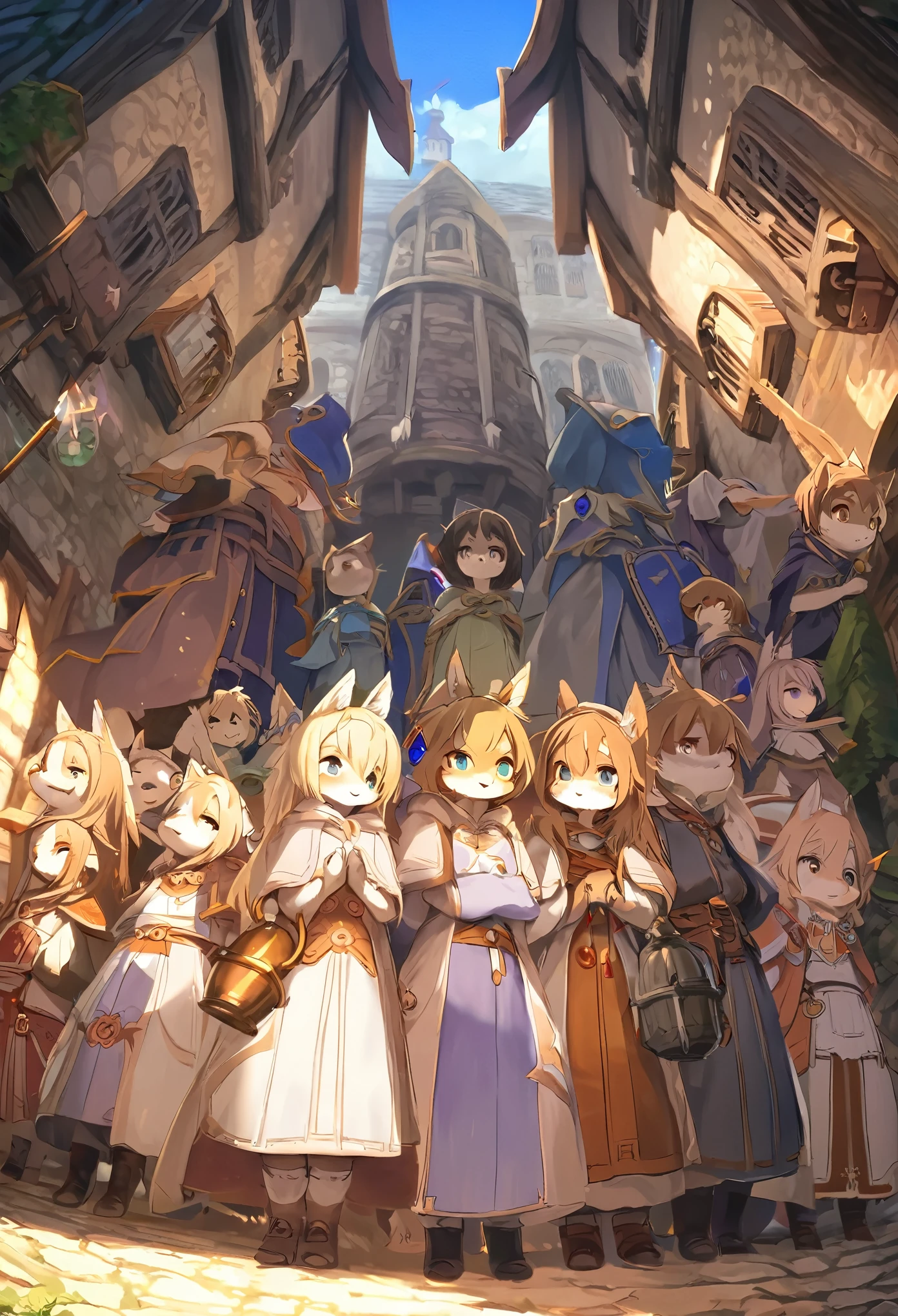 dynamic angle, top quality, best quality, High-quality illustrations, masterpiece, super high resolution, detailed background, detailed background, alchemist, medieval Europe, chandelle, group shot:0.1, 6+boys, 6+girls, absurdres(highly detailed beautiful face and eyes)perfect anatomy, expression, good lighting, cinematic shadow(kemono, furry anthro),