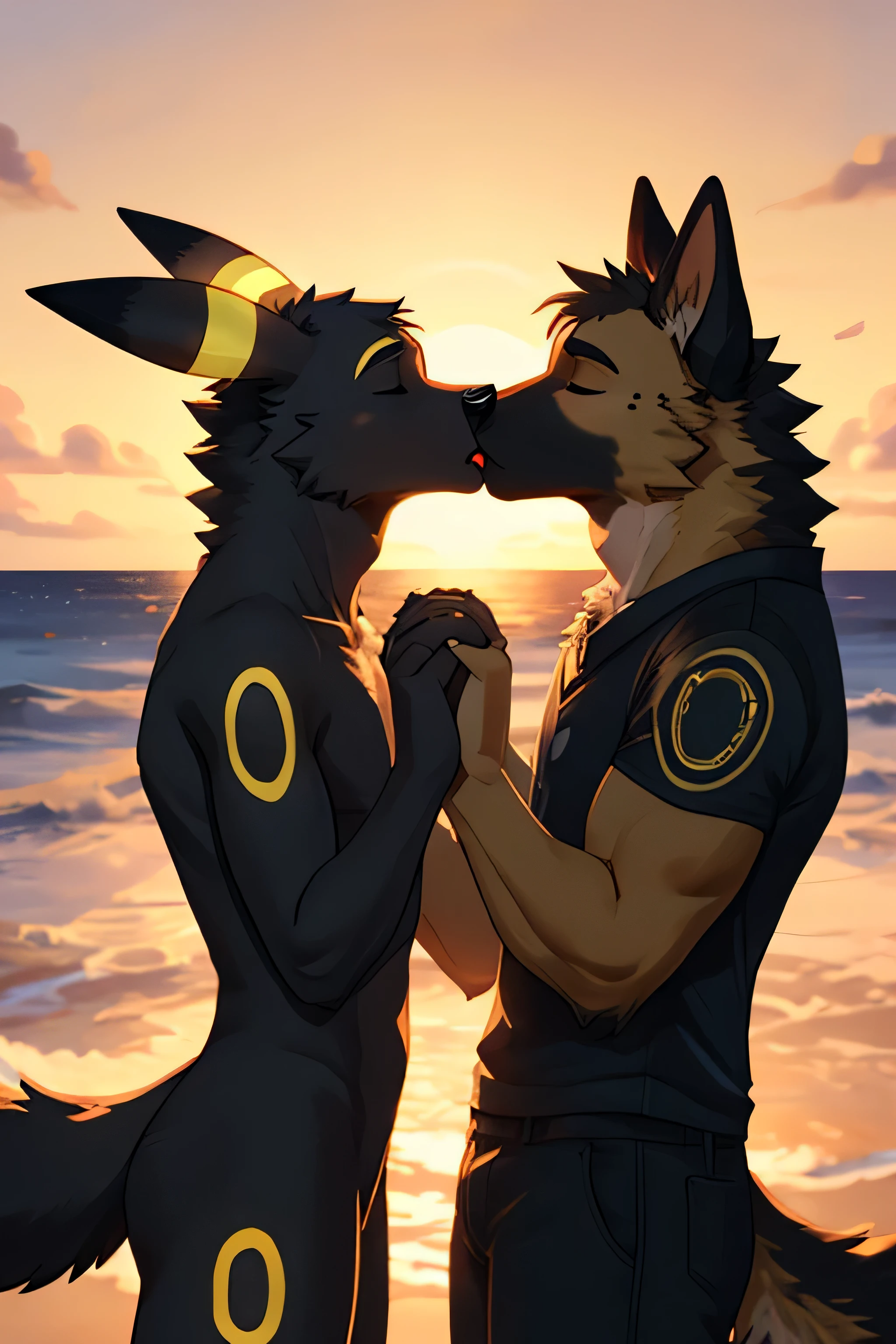 An antro German shepherd and an umbreon hold hands while sharing a passionate kiss on a romantic beach sunset 