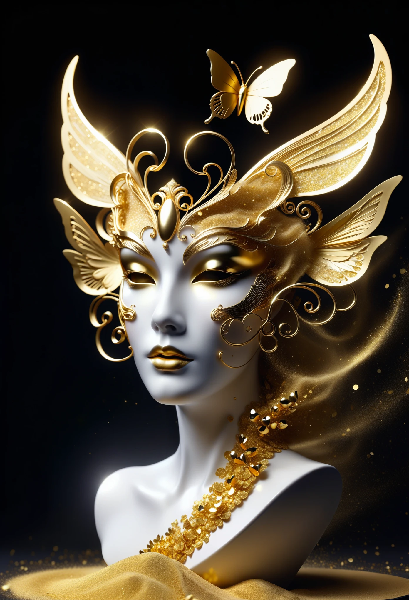 gold leaf art：1.5.Made of platinum，Golden mask，statue，Flowing golden sands，Still Life Table Setting，dark background，Woman portrait sculpture，look up，Golden butterfly on cheek，Hollow butterfly wings，Gold Crumbs，Gold particles，modern style, High resolution, artwork，Advanced complex technology，Gold confetti falling in the air，Gold foil confetti：1.5
