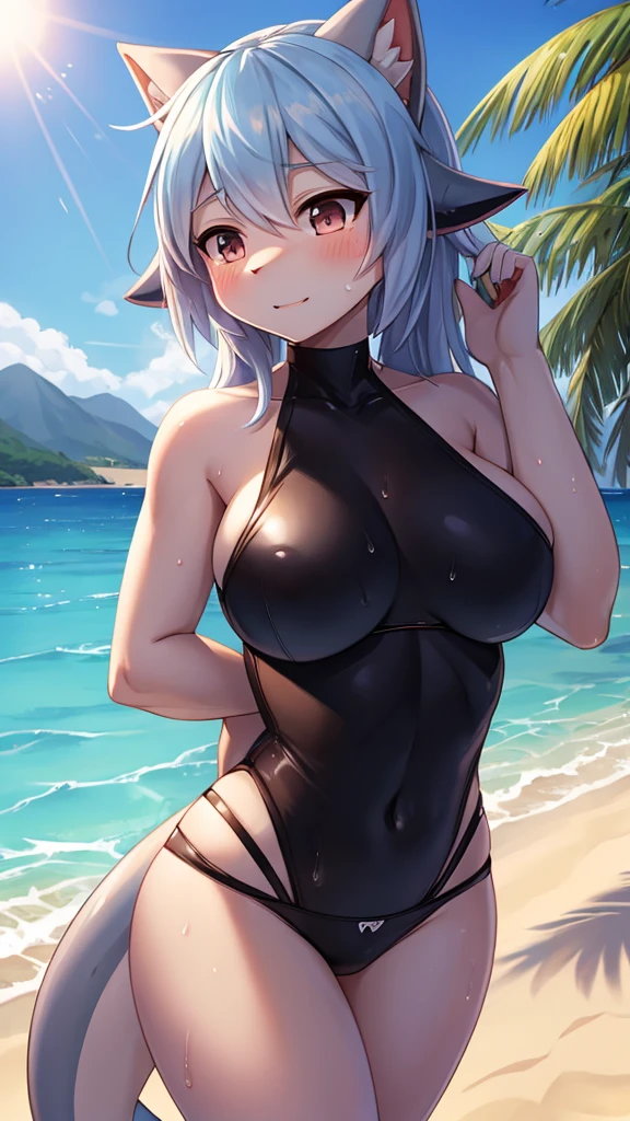 shark girl,furry,Cute Moe,big breasts,Good quality,Good resolution,Go to the beach,Wear a black bikini swimsuit,The weather is hot and the sweat is flowing.,Have sexual desire to masturbate,Good light and shadow details,shade,