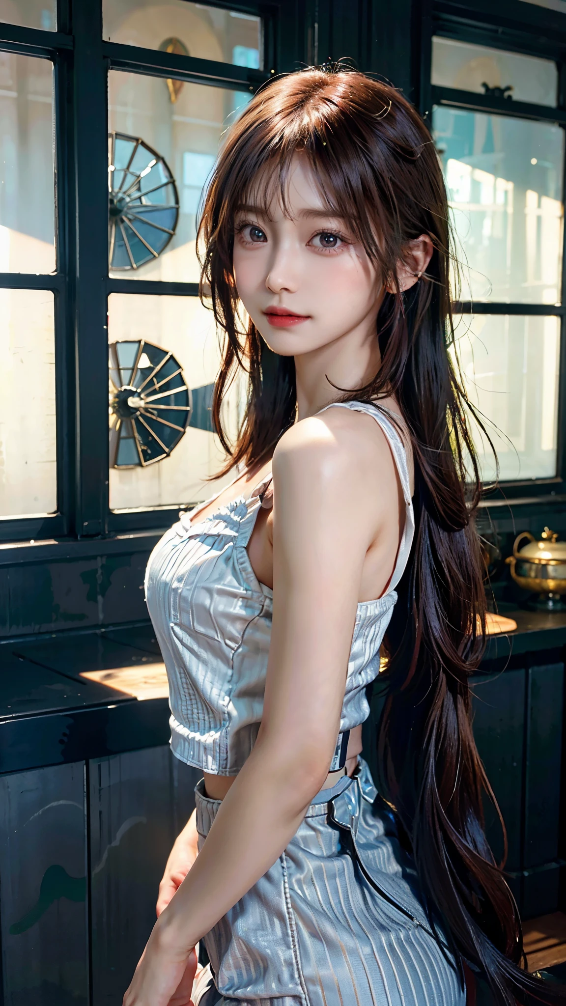 (A hyper-realistic)、(illustratio)、(hight resolution)、(8K)、(ighly detailed)、(Best Illustration)、(beautifully detailed eyes)、(top-quality)、(ultra-detailliert)、(masterpiece)、(wall-paper)、(A detailed face)、独奏、1 girl in、Beautiful back、Exposed shoulders、Slender back facing the camera、Turn around and look at your audience、Leaning forward、big breasts、I can see the cleavage、Fine eyes and mouth、A detailed face、a bar counter、in the darkness nigth、lowkey、pureerosfaceace_v1、A smile、long、Dark blonde straight hair、bangss、sit a chair、Beautiful teeth alignment、Blushing cheeks、Enraptured look、Complex off-the-shoulder clothing、