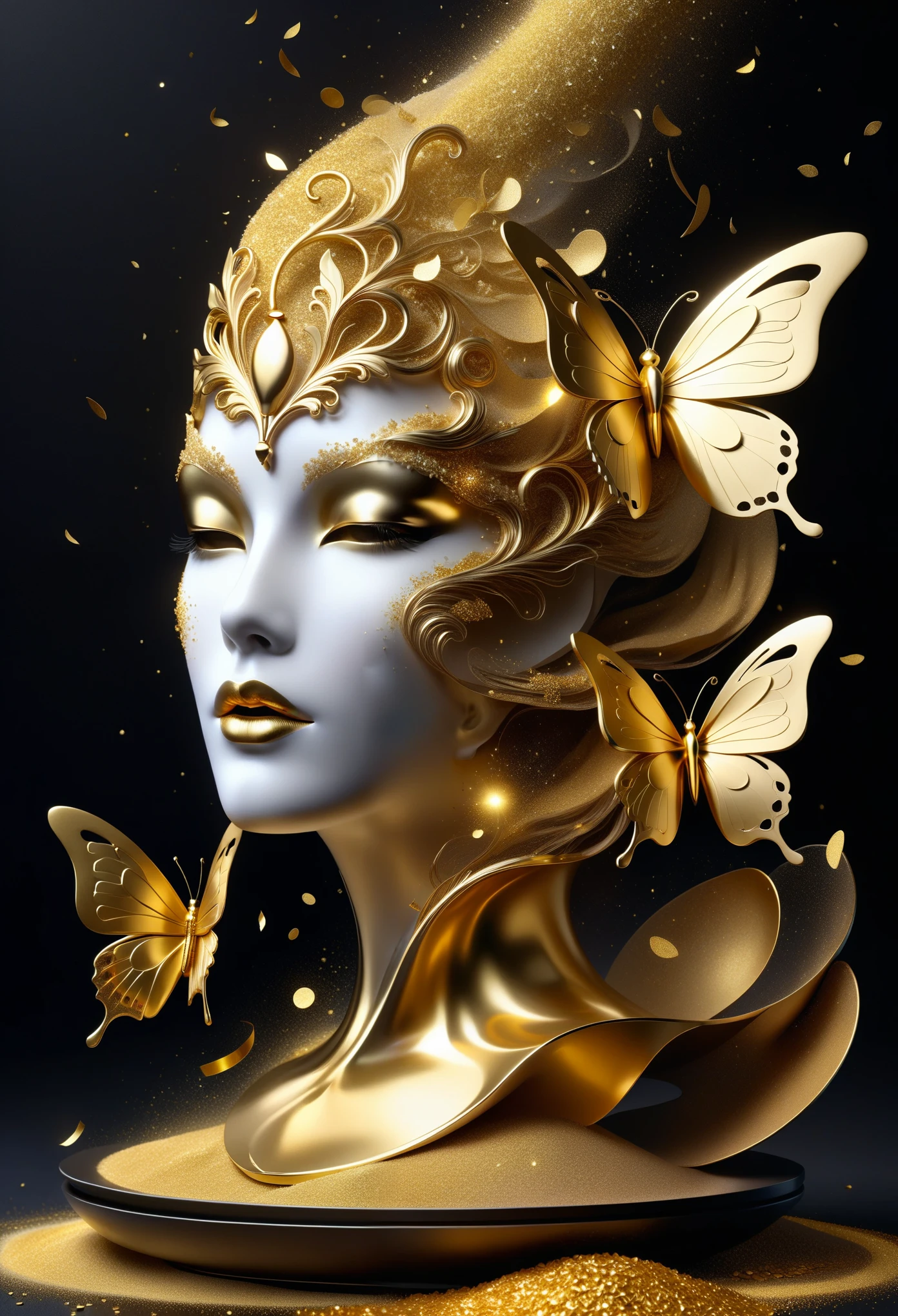 gold leaf art：1.5.Made of platinum，Golden mask，statue，Flowing golden sands，Still Life Table Setting，dark background，Woman portrait sculpture，look up，Golden butterfly on cheek，Hollow butterfly wings，Gold Crumbs，Gold particles，modern style, High resolution, artwork，Advanced complex technology，Gold confetti falling in the air，Gold foil confetti
