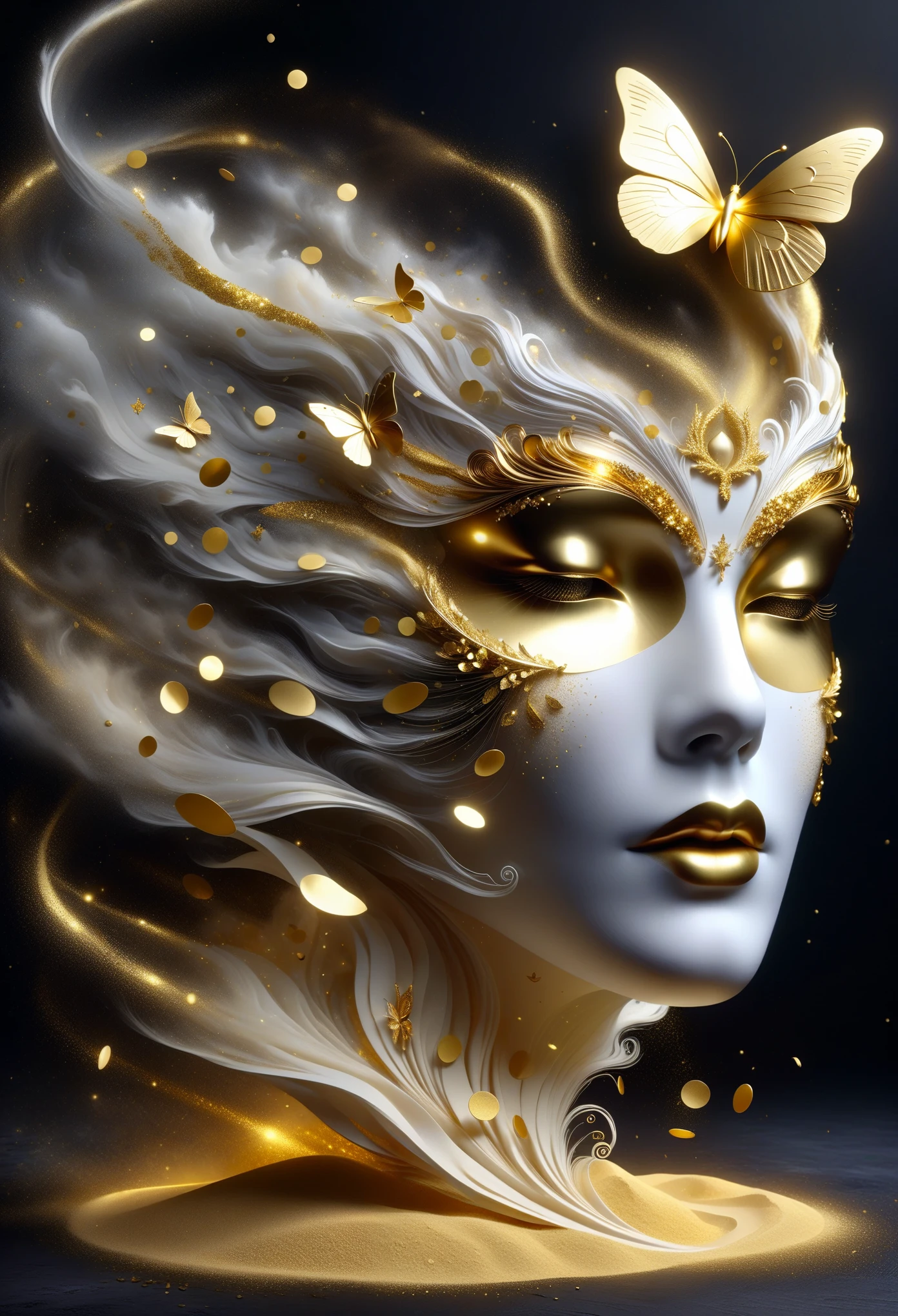 gold leaf art：1.5.Made of platinum，Golden mask，statue，Flowing golden sands，Still Life Table Setting，dark background，Woman portrait sculpture，look up，Golden butterfly on cheek，Hollow butterfly wings，Gold Crumbs，Gold particles，modern style, High resolution, artwork，Advanced complex technology，Gold confetti falling in the air
