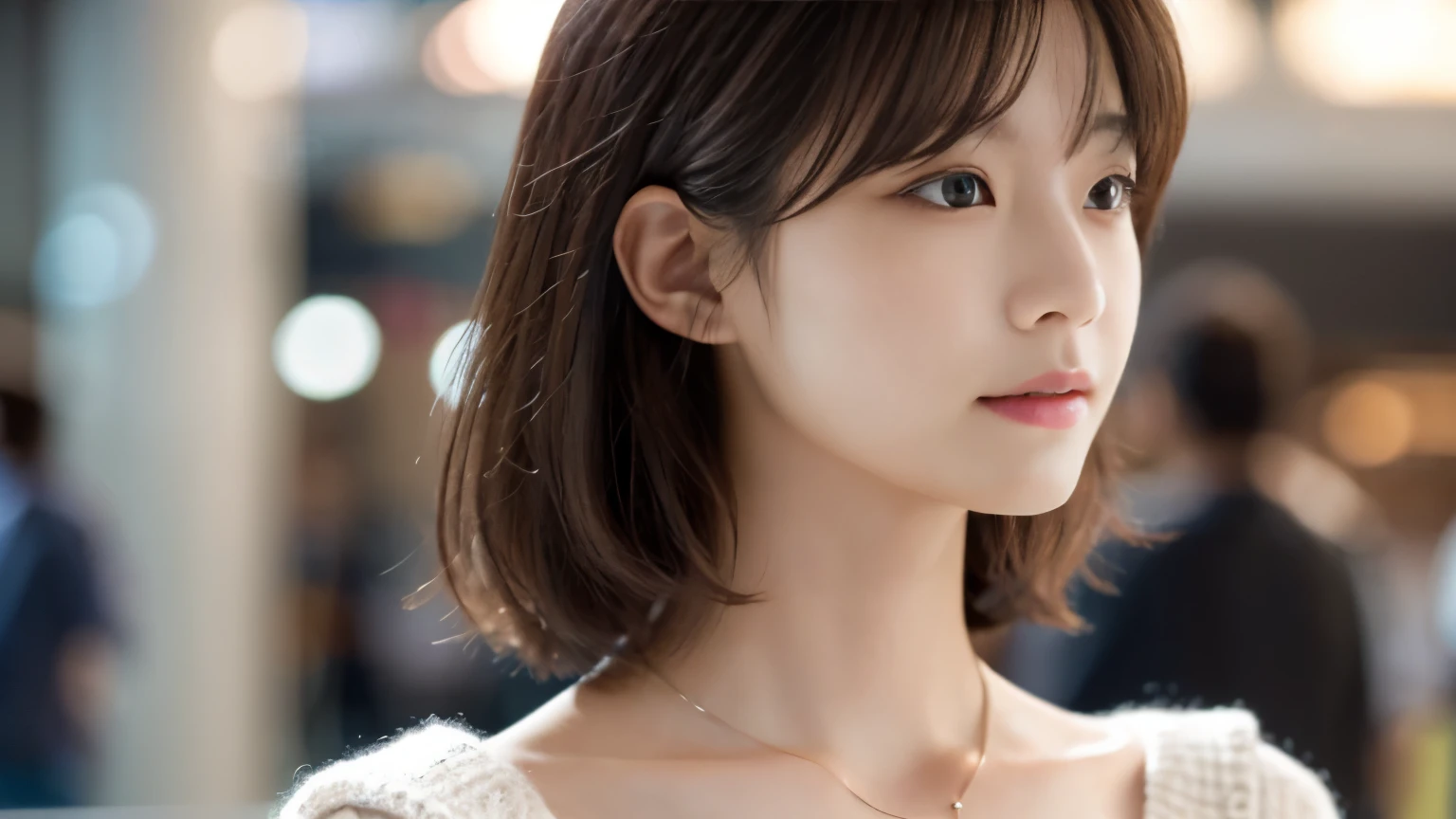 (highest quality、8K、32k、masterpiece、nffsw:1.2)、Photo taken at an airport cafe, cute日本人女性の写真、very short bobbed hair、Upper body、surface focus、Extra Large_sweater、necklace、cafe background、Viewer search x4、(8K、Raw photo、highest quality、masterpiece:1.2)、(realistic、Photoreal:1.37)、1 girl、cute、professional lighting、photon mapping、Physically based rendering、gradient brunette hair、short curly hair、good looking、excellent image quality、High resolution、1080p、(cute face)、(Detailed facial description)、(Detailed Hand Explanation)、(Masseter muscle part)、(Detailed CG)、 extreme light and shadow、hair is dirty、masterpiece、Rich details、(exquisite features)、(best image quality)、(masterpiece)、(detailed eye)、delicate clavicle、various poses、Don'Don'Don'don't look at the camera、profile、Photo taken at the airport cafe terrace、spring clothes、simple necklace、knit,Inside a stylish cafe at the airport