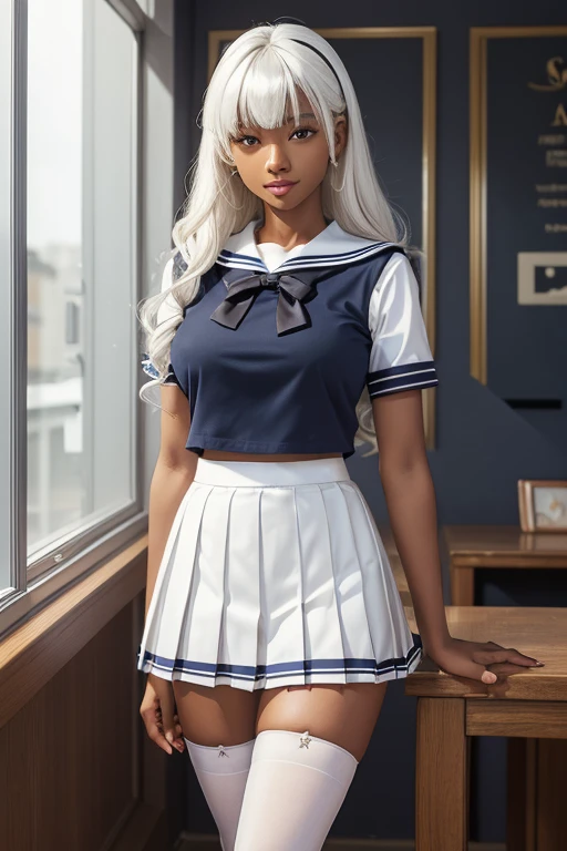 (masterpiece), best quality, expressive eyes, perfect face, (classrom window background), (standing), (smirk), (1girl, dark skin Asian, dark skin, tan skin, tan, white hair, white hair asian, curly hairstyle with bangs, hair bangs, brown eyes, asian eyes, hourglass figure, skinny body, body, short height, medium breasts, long fingernails), ((white sailor uniform top), (navy blue pleated mini skirt), white stockings, black heels),