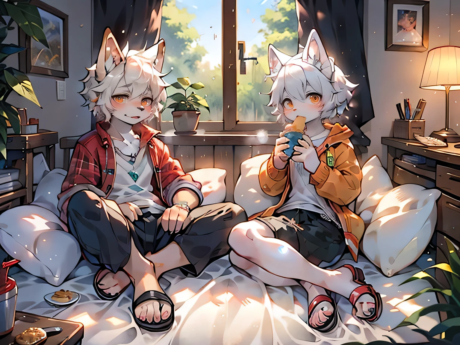 Two white wolf young men,boy and girl,companion,Contour,White hair,Orange pupils,Very short jacket,White Arm,Red watch,Open white vest,Black shorts,White paws,Sweat a lot,dirty,Tired,bedroom,sandals,Drink water,Double yellow green small bed,Pillow,Quilt,eat snack,cozy environment,Green flowers and plants at the bedside,Two white wolves side by side, boy and girl,desk lamp,morning sunshine,sleep,Hazy drizzle,Bright forest outside the right window,Beautiful watercolor painting,Bright colors,green tint,4K