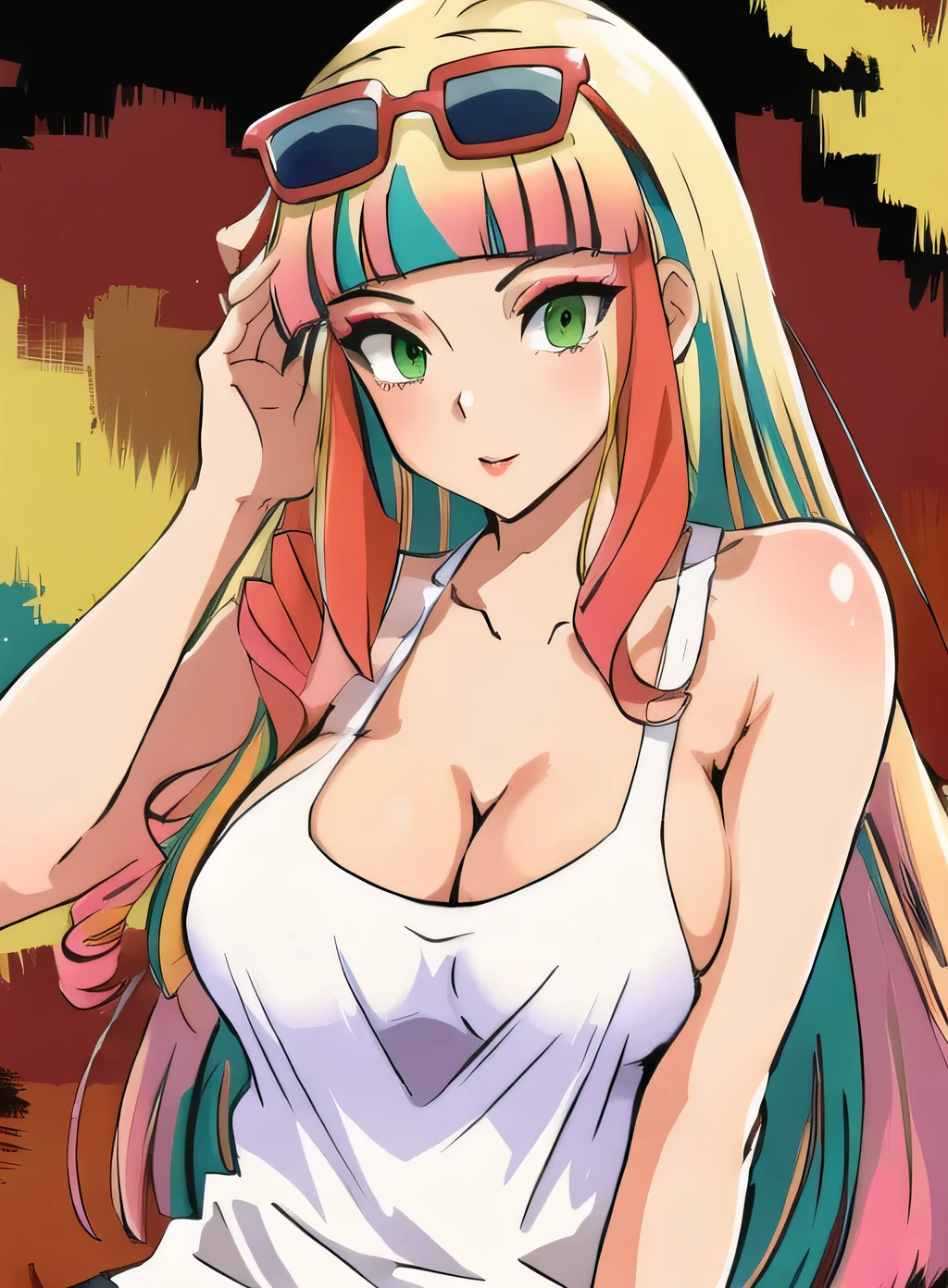 best quality, (masterpiece),(ultra-detailed), (high quality), (high resolution),risa, long hair, blonde hair, green eyes, multicolored hair, pink hair, blunt bangs, makeup, sunglasses, cleavage, fit body, seductive, flashing breasts