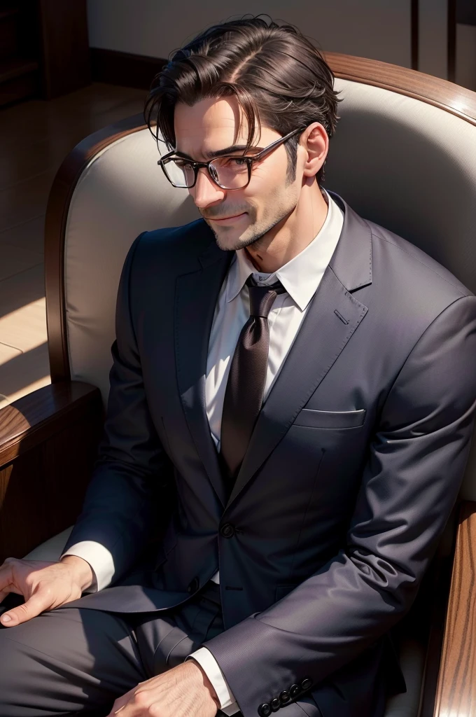 adult male, 35 years old, dark brown eyes, with glasses, thin, no muscles,White shirt, Charcoal gray suit,profile、 smile、Massiroi realistic photo、sitting in a chair