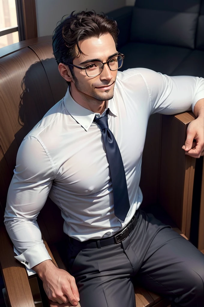 adult male, 35 years old, dark brown eyes, with glasses, thin, no muscles,White shirt, navy suit,profile、 A friendly face、big smile、Massiroi realistic photo、sitting in a chair