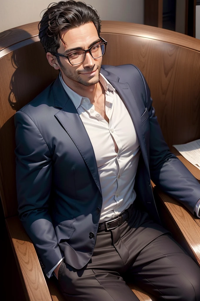 adult male, 35 years old, dark brown eyes, with glasses, thin, no muscles,White shirt, navy suit,profile、 A friendly face、big smile、Massiroi realistic photo、sitting in a chair
