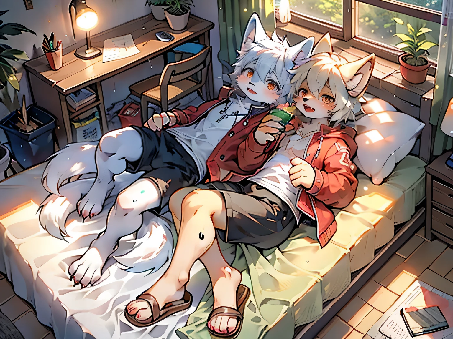 Two white wolf youths，Boys and Girls，companion，Contour，White hair，Orange pupils，hoodie，White Arm，Red watch，Open white vest，Black shorts，White paws，Sweat a lot，dirty，Tired，bedroom，sandals，Drink water，Yellow green bed，Pillow，Quilt，eat snack，Warmth，Green flowers and plants at the bedside，两只并列的白狼Boys and Girls，Thunder and Lightning，desk lamp，night，sleep，Thunderstorm，Watercolor style，Bright colors，Two white wolves，Boys and Girls，Two white wolves，Boys and Girls，Front view