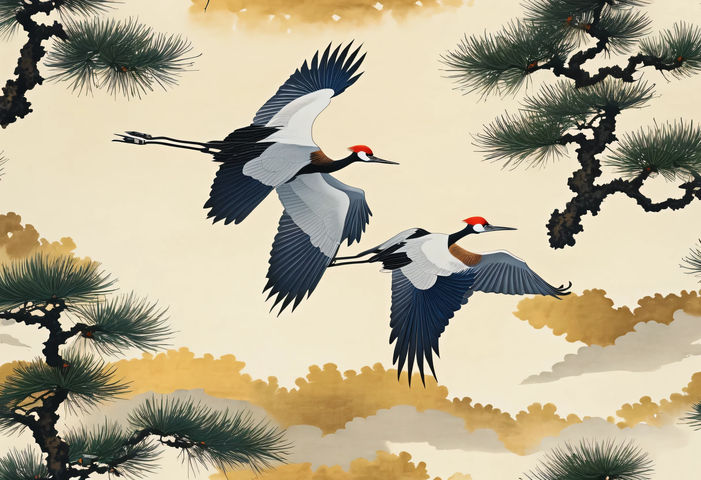 Many birds are flying above the pine trees in the sky, Ultra-fine paintings inspired by Ogata Korin, shutter stock, creation, Or how to do that, To Jakuchu, or period, kaguya ōtsutsuki, crane, sosaku hanga, A red-crowned crane bird in the center, ukiyo e