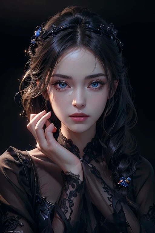 (skin dents:1.5), realistic, realistic, (masterpiece:1.5), concept art, intricate details, very detailed, realistic, octane rendering, 8K, Unreal Engine, dynamic pose, highest quality, High resolution, (realistic face:1.1), (超realistic:1.1), ((full_body)), perfect eyes,(shiny skin:1.2), (((hairstyle))), (((perfect hands))), (black background1.2), ((Ceiling light 1.5)), (Professional Lighting 1.3), ((fine eyes, high quality eyes, high quality face)), (((flowing hairstyle))), wonderful, written boundary depth, Bokeh, 4k, gothic, Glowing blue iris, At night,black background、elegant black dress、Intermediate photos