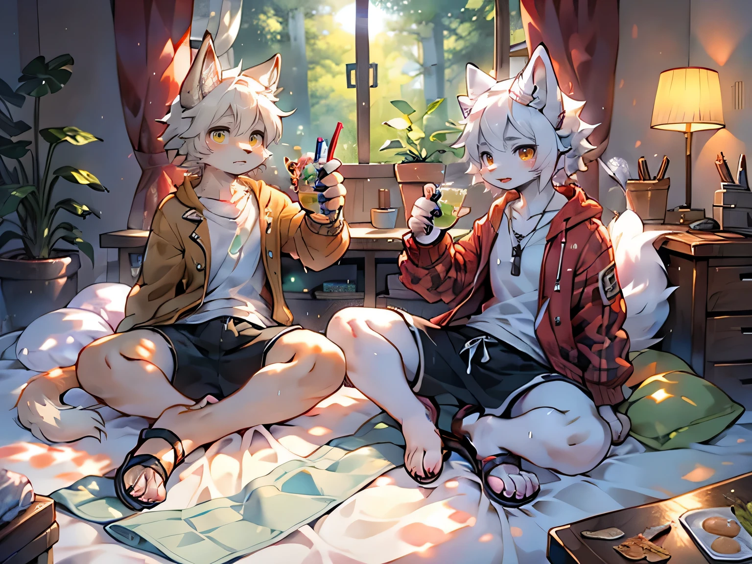 Two white wolf youth and orange wolf youth，boy and girl，companion，Contour，White hair，Orange pupils，Very short jacket，White Arm，Red watch，Open white vest，Black shorts，White paws，Sweat a lot，dirty，Tired，bedroom，sandals，Drink water，Double yellow green small bed，Pillow，Quilt，eat snack，cozy environment，Green flowers and plants at the bedside，Two white wolves side by side, boy and girl，desk lamp，morning sunshine，sleep，Hazy drizzle，Bright forest outside the right window，Beautiful watercolor painting，Bright colors，green tint，4K