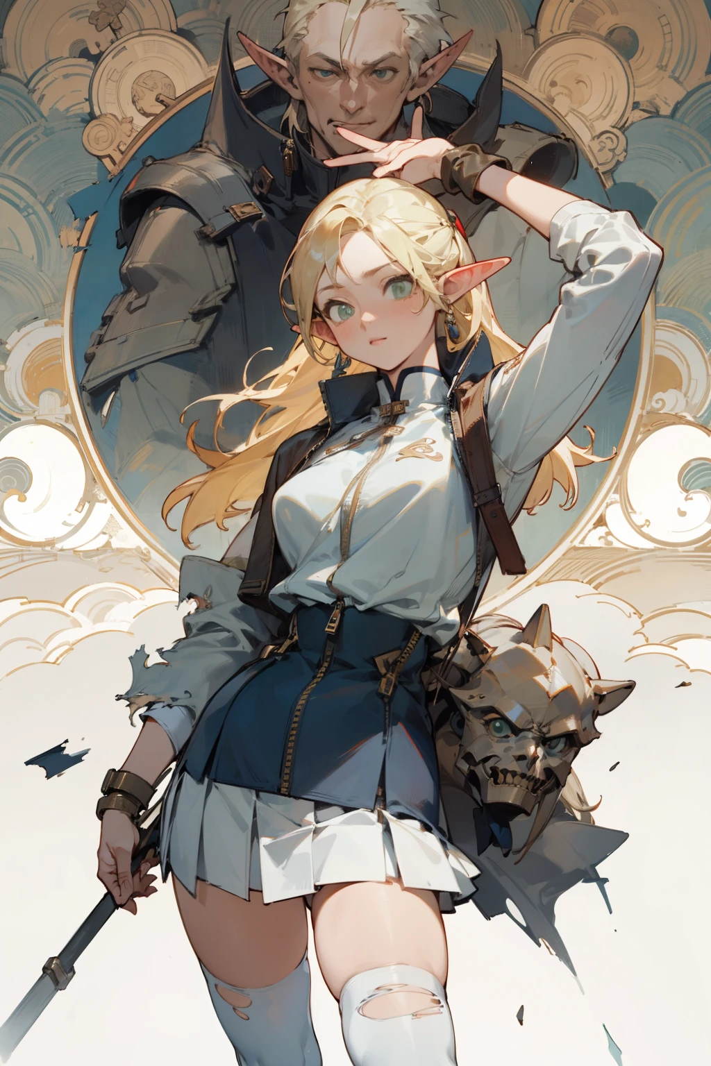 (masterpiece, best quality) detailed, Wearing white tights, silver accessories , zipper unzipped , Blonde ,elegant, Pointed ears ，Chinese element pattern，thigh，漏出thigh，White shirt，White pleated skirt，torn clothes，Alphonse Mucha