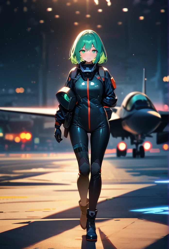 High quality, high definition images, full HD、8k.1 girl 、white short hair,Futuristic fighter pilot,black and green hair pilot suit,Hold your helmet under your arm, Futuristic fighter plane, night airfield,full body,in the background、x2fighter jet
