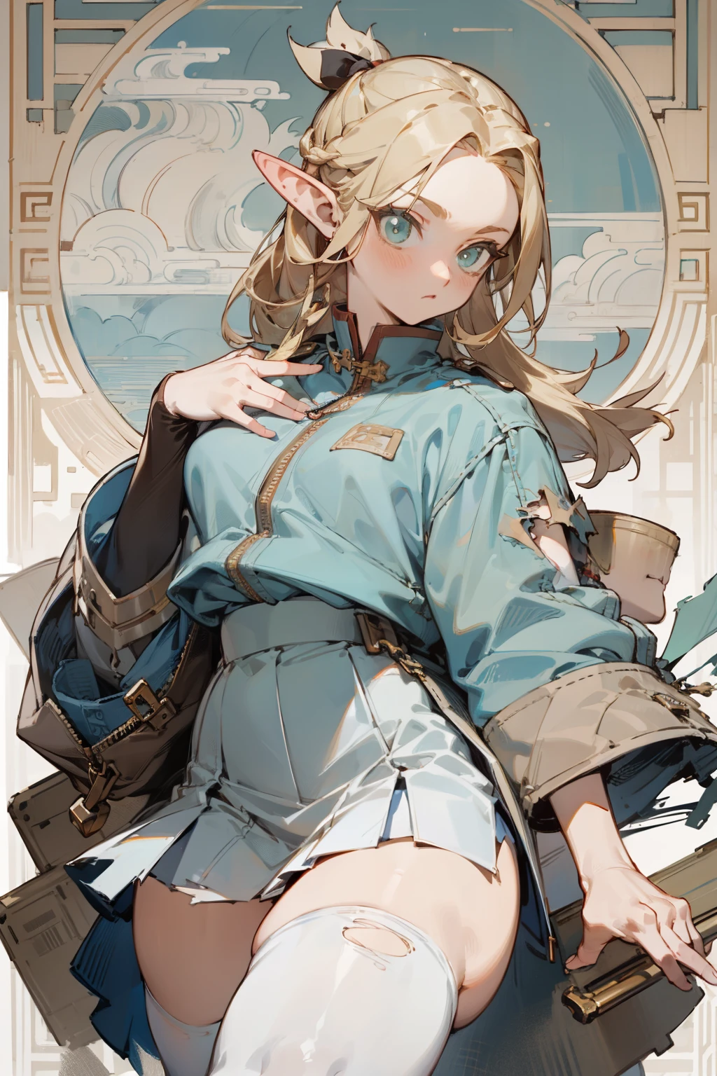 (masterpiece, best quality) detailed, Wearing white tights, silver accessories , zipper unzipped , Blonde ,elegant, Pointed ears ,Chinese element pattern,thigh,漏出thigh,White shirt,White pleated skirt,torn clothes,Alphonse Mucha