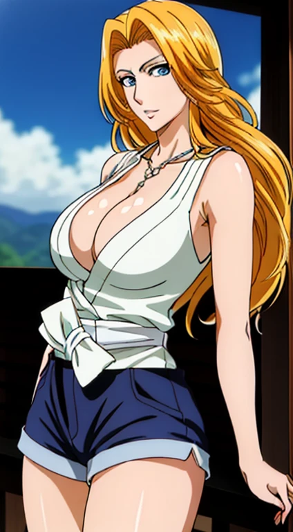 best quality, high resolution, beautiful eyes, very detailed face, detailed CG,Matsumoto Rangiku,japanese cartoon movies,big_chest,girl1name, tank top,shorts,clavicle, necklace,earring, blue eyes, Blonde hair,前hair,length_hair,20s style,girl1name, ,beautiful fingers,beautiful long legs,beautiful body,natural lip,skin gloss,1with people,looking at viewer, In the center of the image,cowboy shot,