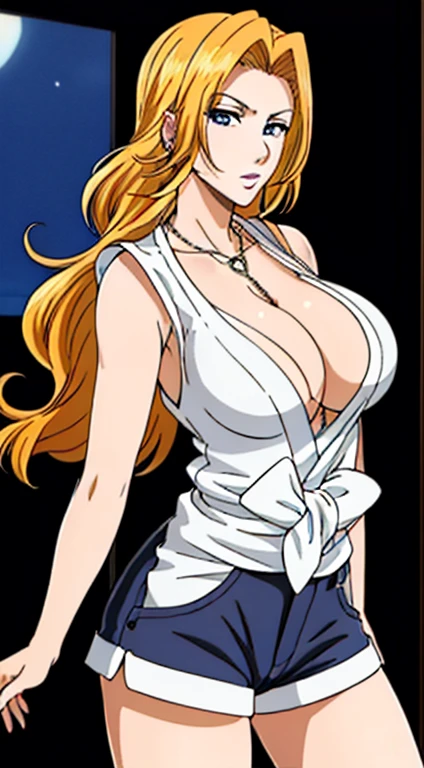 best quality, high resolution, beautiful eyes, very detailed face, detailed CG,Matsumoto Rangiku,japanese cartoon movies,big_chest,girl１name, tank top,shorts,clavicle, necklace,earring, blue eyes, Blonde hair,前hair,length_hair,20s style,girl1name, ,beautiful fingers,beautiful long legs,beautiful body,natural lip,skin gloss,１with people,looking at viewer, In the center of the image,cowboy shot,
