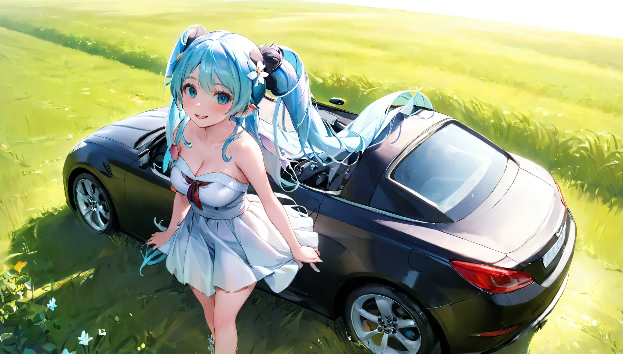  (masterpiece, best quality), 1 elven girl, ( bare breasts, thigh),  (light blue hair, twin tails ,very long hair is fluttering in the wind), full body, hand on hip , hair between eyes, multi colored hair,hair flower ornament ,(blush, smile, aqua eyes), open mouth, elf dress,  white dress , strapless dress, (Open the front of the  dress chest very wide), large breasts, pointed ears, car , the car is roadster , standing next to the car,  grassland