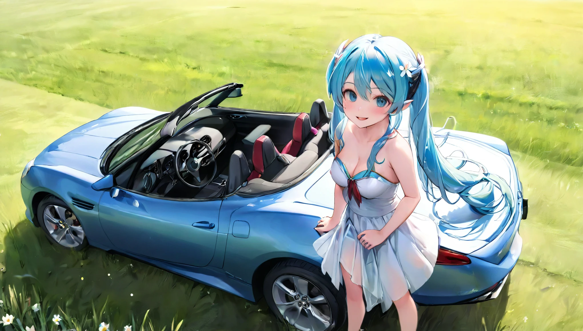  (masterpiece, best quality), 1 elven girl, ( bare breasts, thigh),  (light blue hair, twin tails ,very long hair is fluttering in the wind), full body, hand on hip , hair between eyes, multi colored hair,hair flower ornament ,(blush, smile, aqua eyes), open mouth, elf dress,  white dress , strapless dress, (Open the front of the  dress chest very wide), large breasts, pointed ears, car , the car is roadster , standing next to the car,  grassland