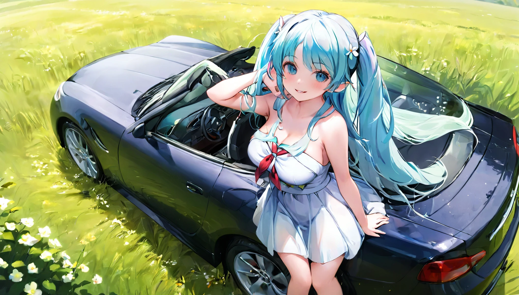  (masterpiece, best quality), 1 elven girl, ( bare breasts, thigh),  (light blue hair, twin tails ,very long hair is fluttering in the wind), full body, hand on hip , hair between eyes, multi colored hair,hair flower ornament ,(blush, smile, aqua eyes), open mouth, elf dress,  white dress , strapless dress, (Open the front of the  dress chest very wide), large breasts, pointed ears, car , the car is roadster , standing next to the car,  grassland