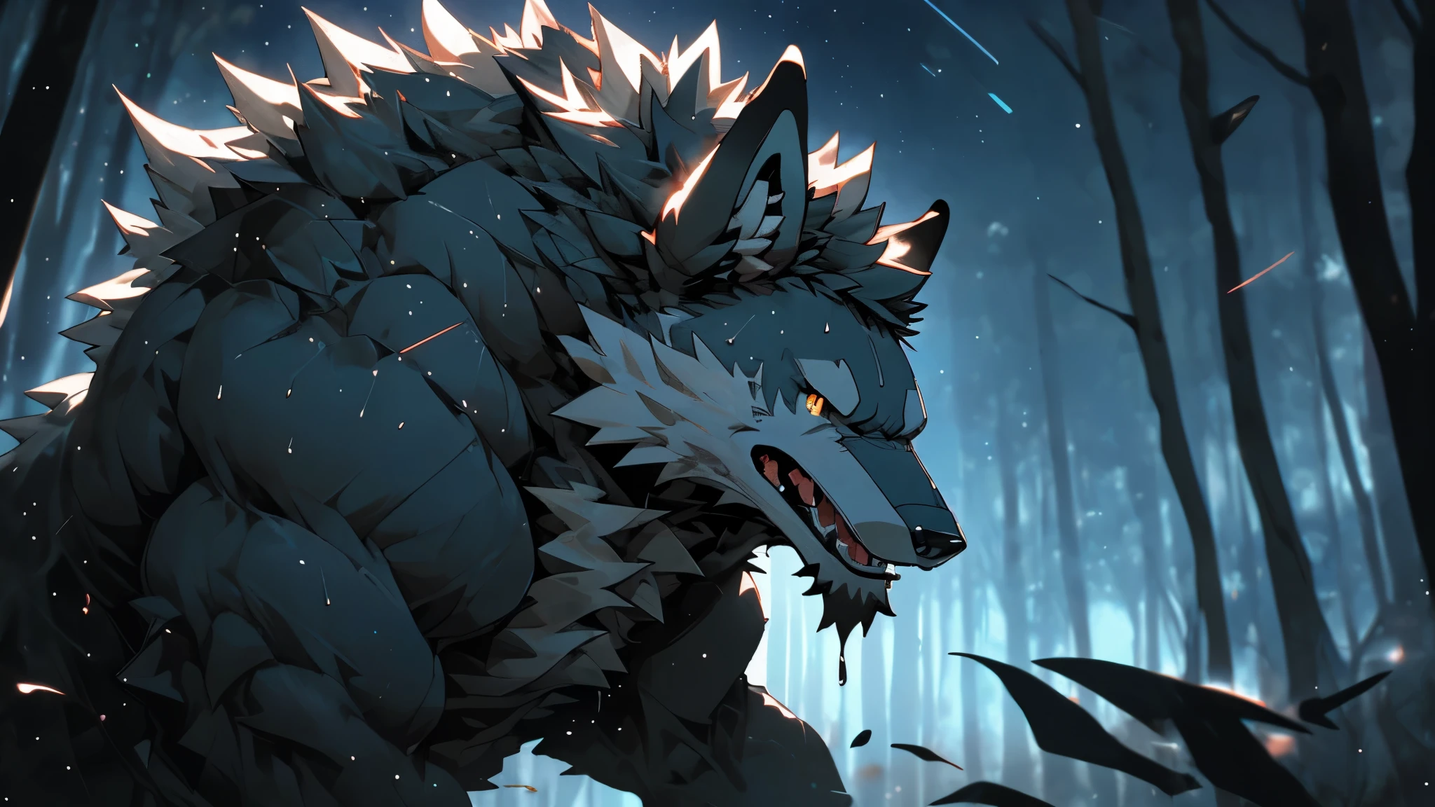 (best quality,4k,8k,highres,masterpiece:1.2),ultra-detailed,realistic,photorealistic:1.37,a furry wolf in heat,furious expression,sharp fangs,ferocious eyes,intense gaze,hair standing on end,dripping saliva,thick fur and mane,powerful muscles,glistening with sweat,golden eyelashes,sculpted physique,dominant posture,wild and untamed mane,feral instincts,expressive movements,mesmerizing howl,mesmerizing amber eyes,radiating heat waves,strong alpha energy,fiery aura,captivating silhouette,steaming breath,starry night sky,moonlit backdrop,shadows dancing in the moonlight,mysterious forest,shadowy trees,thick mist,ominous atmosphere,energetic brushstrokes,dynamic composition,vivid colors,rich contrasts,dramatic lighting,emotionally charged atmosphere