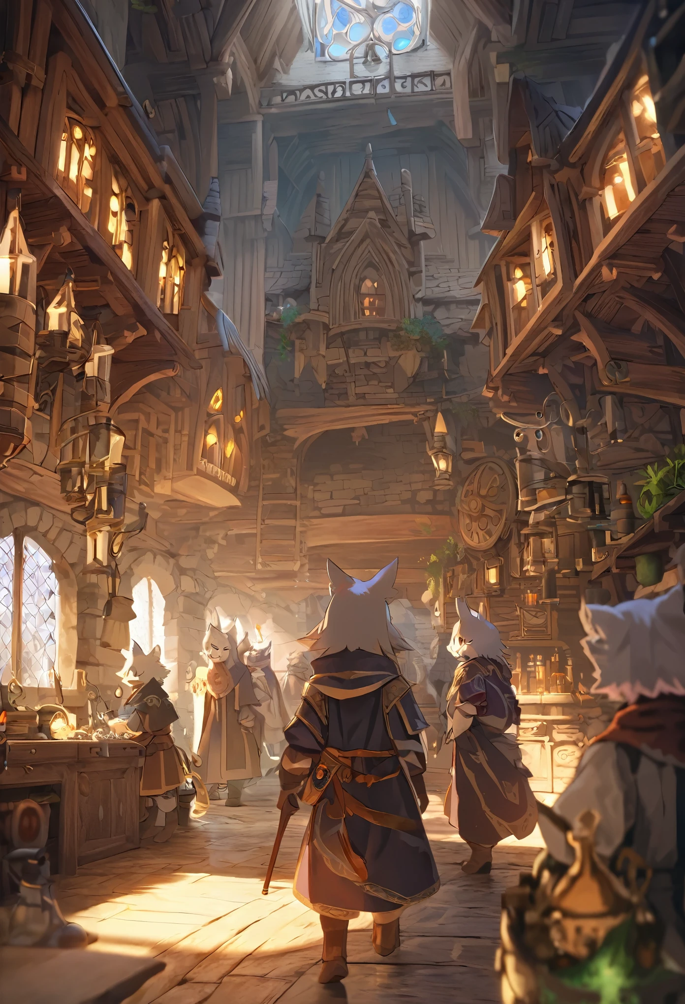 dynamic angle, top quality, best quality, High-quality illustrations, masterpiece, super high resolution, detailed background, detailed background, alchemist, medieval Europe, chandelle, group shot:0.1, absurdres(highly detailed beautiful face and eyes)perfect anatomy, expression, good lighting, cinematic shadow(kemono, furry anthro),