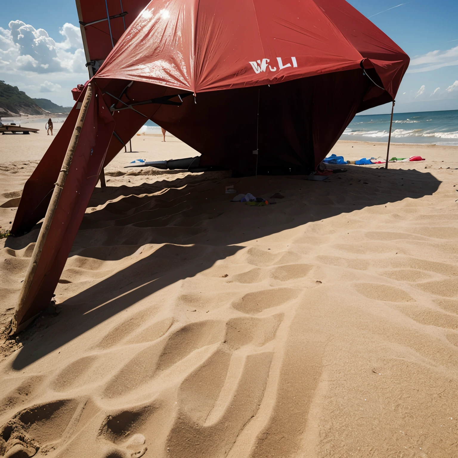 make a photograph with the subject red mug ate the beach in 12 noon